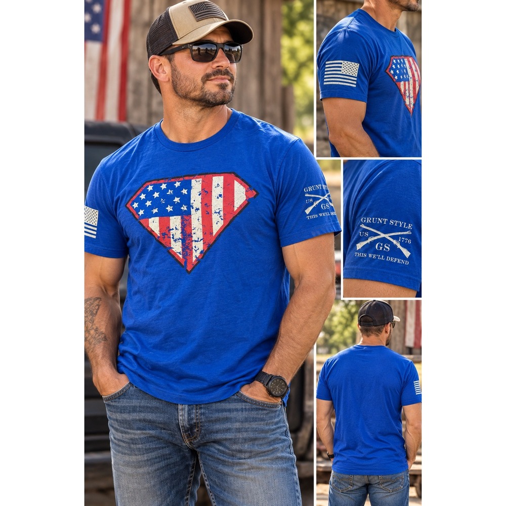 Grunt Style Mens Blue American Flag Shield Graphic T-Shirt Size L Patriotic Tee